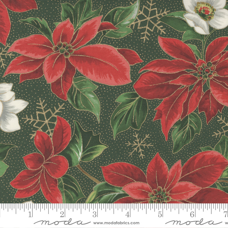 Merry Manor Poinsettia Gold Metallic Evergreen Cotton Fabric Heavenly Fabric Shop
