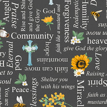 Love Never Fails Charcoal Words, Flowers, and Crosses Cotton Fabric