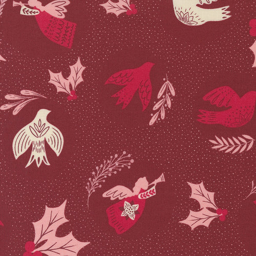 Good News, Great Joy Cranberry Doves & Angels Cotton Fabric