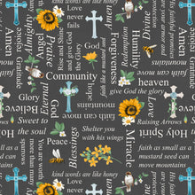 Love Never Fails Charcoal Words, Flowers, and Crosses Cotton Fabric