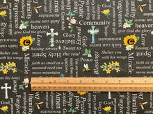 Love Never Fails Charcoal Words, Flowers, and Crosses Cotton Fabric