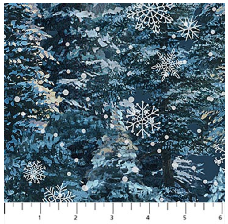 Silent Night Snow Trees Blue Multi Cotton Fabric Heavenly Fabric Shop