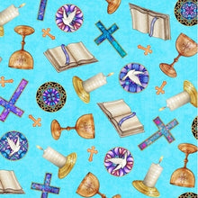 Religious Toss Aqua Double Brushed Poly KNIT Fabric