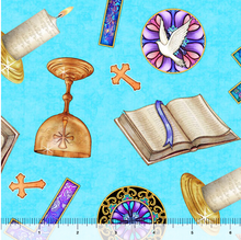 Religious Toss Aqua Double Brushed Poly KNIT Fabric