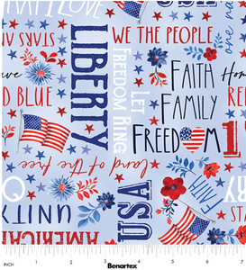 Faith Family Freedom Words of Glory Blue Cotton Fabric