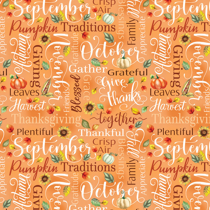 Give Thanks Thankful Words Orange Cotton Fabric