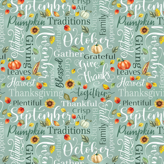 Give Thanks Thankful Words Sage Cotton Fabric
