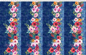 Glorious Garden Blue Floral Border Cotton Fabric