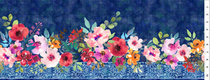 Glorious Garden Blue Floral Border Cotton Fabric