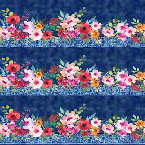 Glorious Garden Blue Floral Border Cotton Fabric