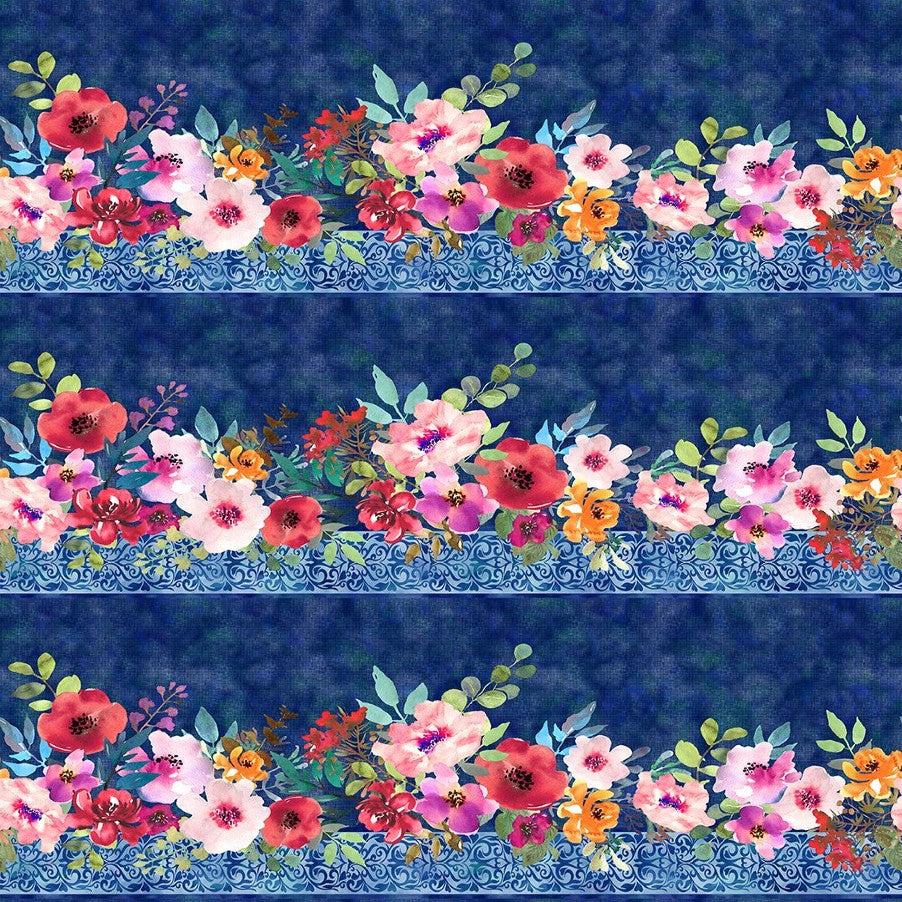 Glorious Garden Blue Floral Border Cotton Fabric