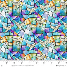 Faith In Full Color Turquoise Multi Doves Stained Glass Cotton Fabric