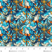 Faith In Full Color Turquoise Multi Praying Hands Stained Glass Cotton Fabric
