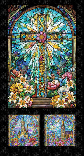 Faith In Full Color Stained Glass Cross Blocks Cotton Fabric Panel
