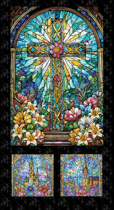 Faith In Full Color Stained Glass Cross Blocks Cotton Fabric Panel