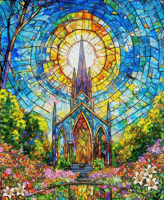 Faith In Full Color Stained Glass Church Cotton Fabric Panel