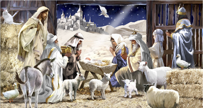 Let Us Adore Him Away In A Manger Cotton Fabric Panel