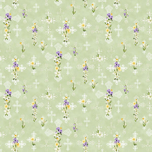 Spring Awakening Green Multi Crosses Cotton Fabric