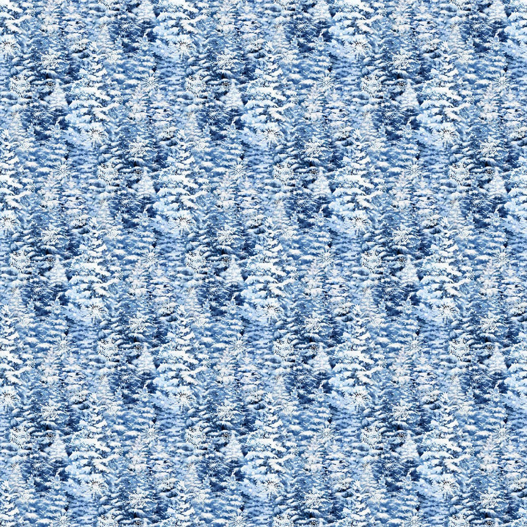 All That Glitters Snow Trees Blue Sparkle Cotton Fabric