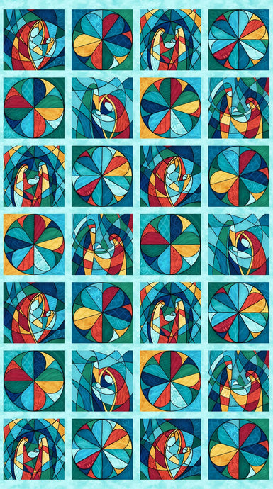 Nativity Stained Glass Blocks Cotton Fabric Panel