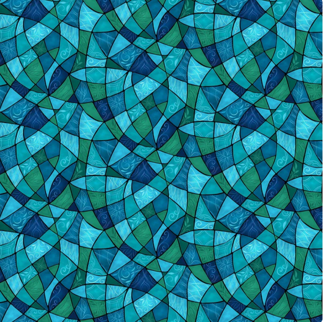 Nativity Stained Glass Teal Blue Cotton Fabric