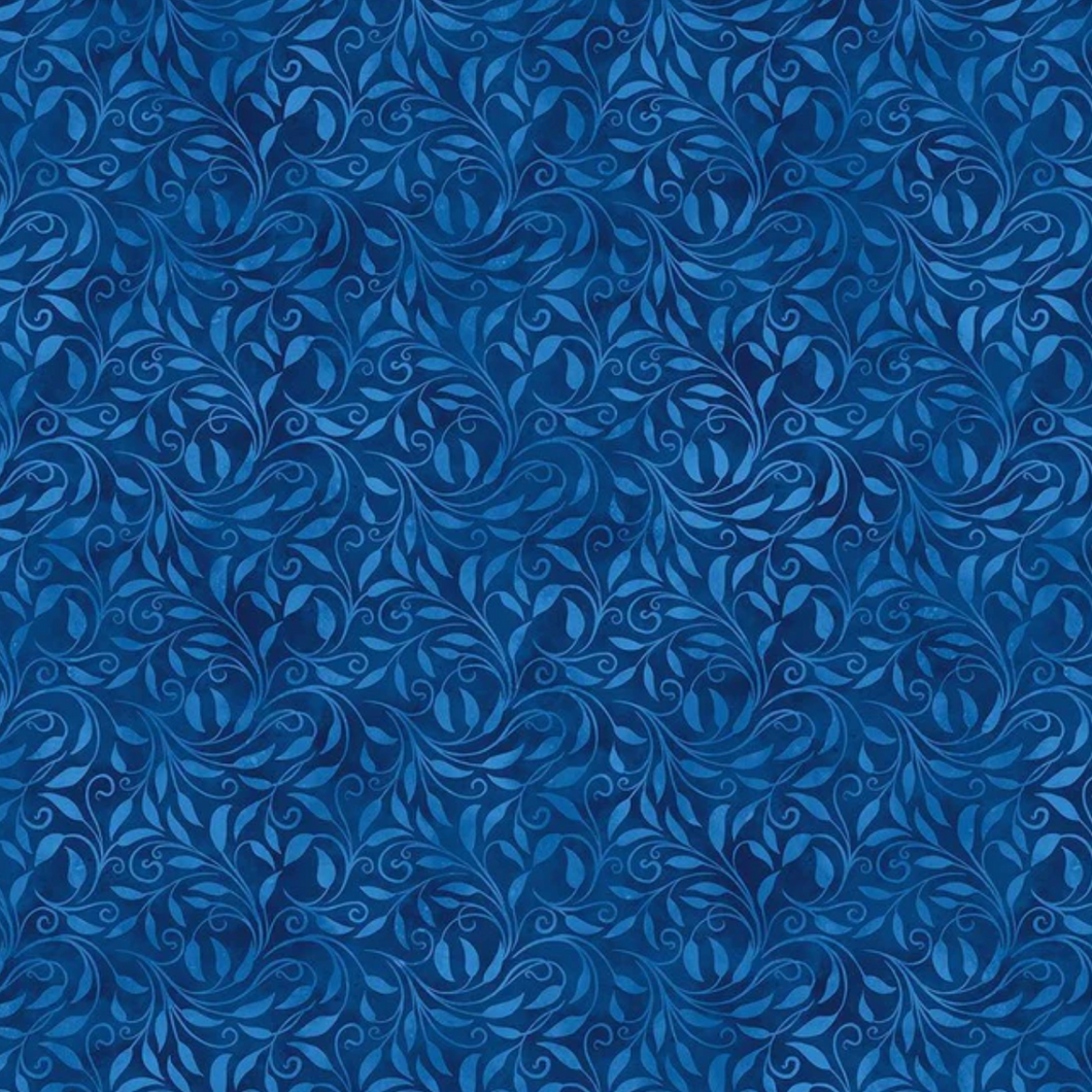 Nativity Leaf Scroll Blue Cotton Fabric