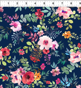 Glorious Garden Large Floral Blue Cotton Fabric