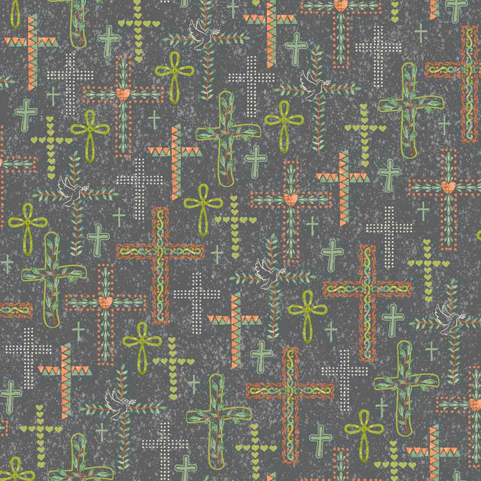 Rejoice Crosses Slate Cotton Fabric