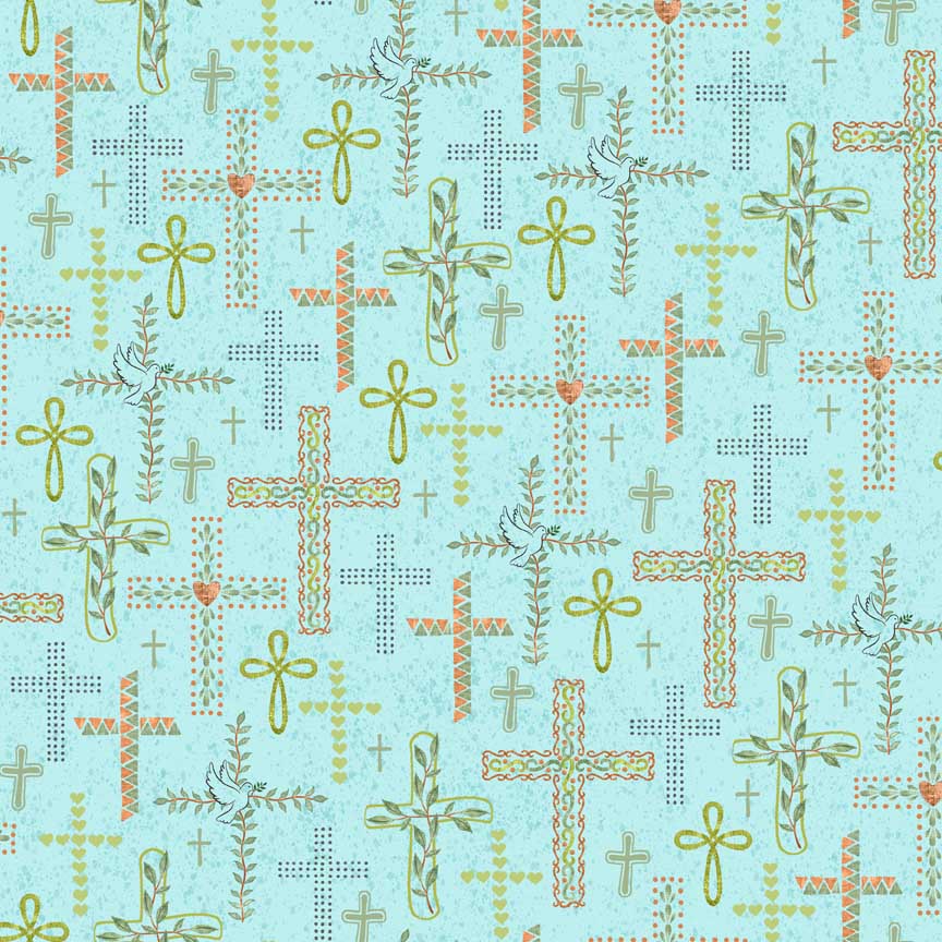 Rejoice Crosses Aqua Cotton Fabric