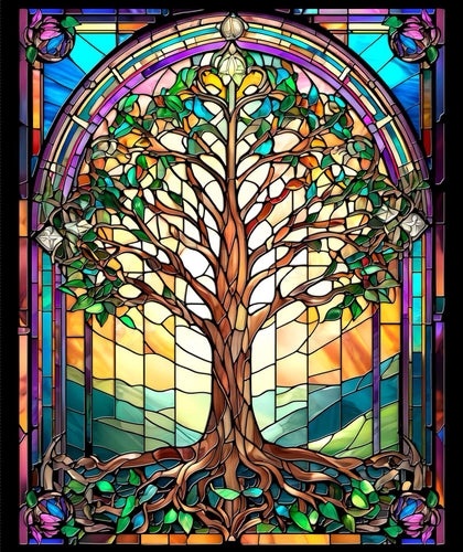 Tree of Life Stained Glass Panel Cotton Fabric + FREE Pattern