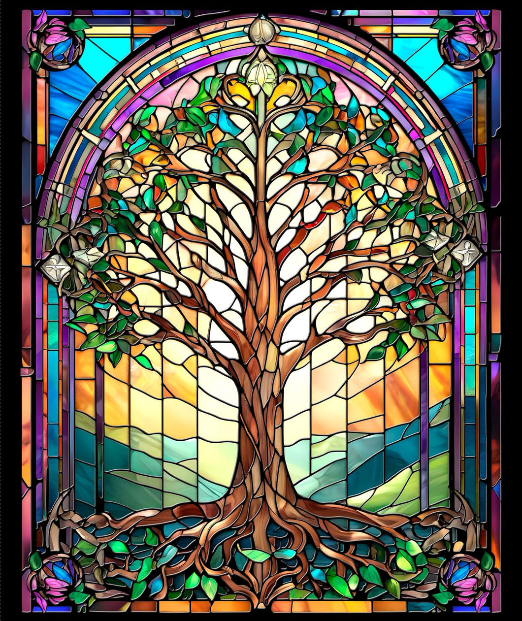 Tree of Life Stained Glass Panel Cotton Fabric + FREE Pattern