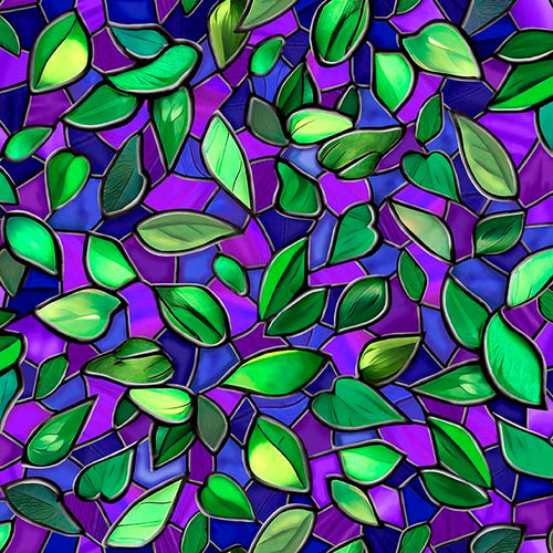 Tree of Life Stained Glass Leaves Purple Cotton Fabric