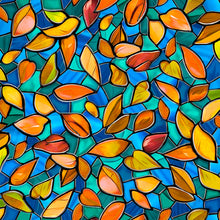 Tree of Life Stained Glass Leaves Blue Cotton Fabric