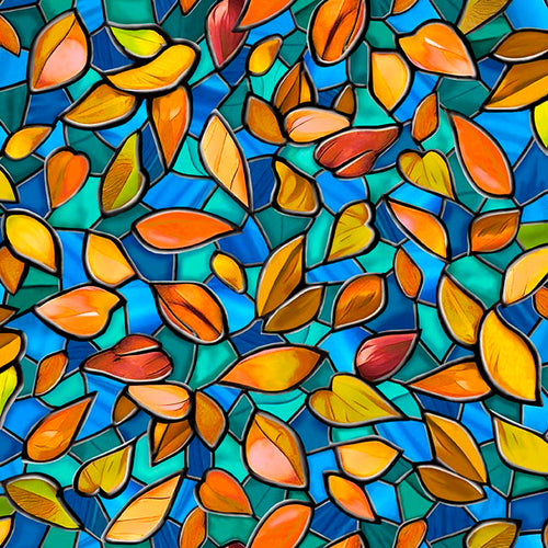Tree of Life Stained Glass Leaves Blue Cotton Fabric