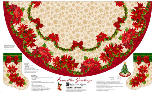 Poinsettia Greetings Tree Skirt & Stockings Cotton Fabric Panel Set