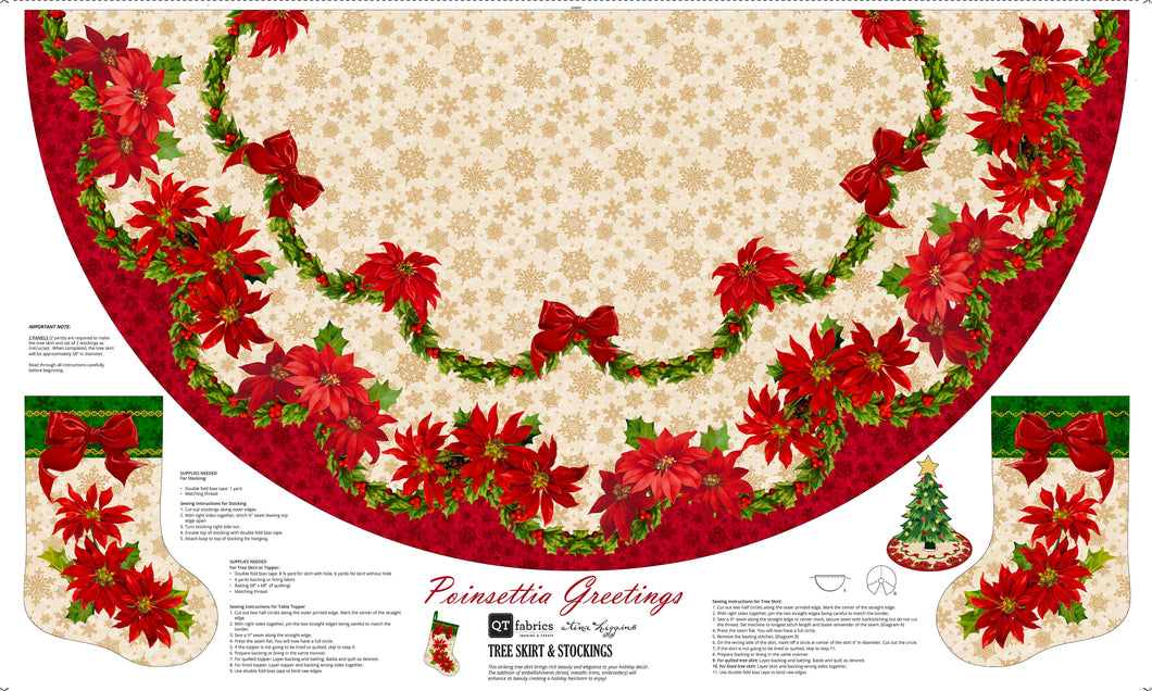 Poinsettia Greetings Tree Skirt & Stockings Cotton Fabric Panel Set