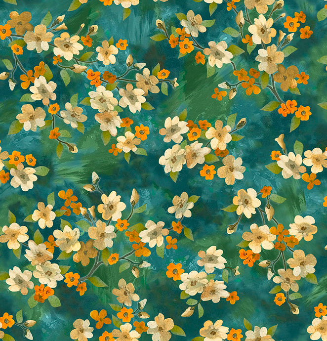 Light of the World Dogwood Floral Jade Cotton Fabric