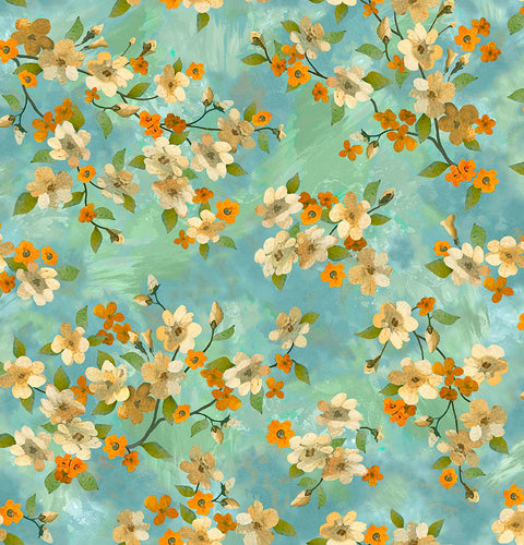 Light of the World Dogwood Floral Aqua Cotton Fabric