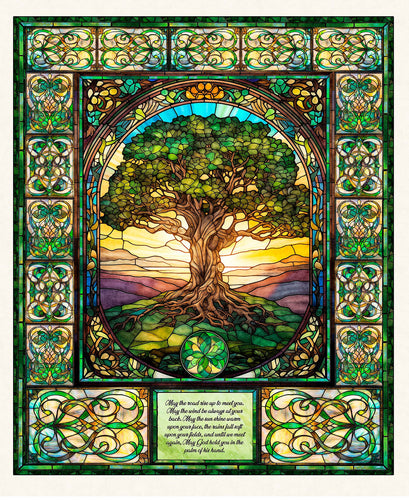 Spirit of Ireland Tree of Life Stained Glass Cotton Fabric Panel