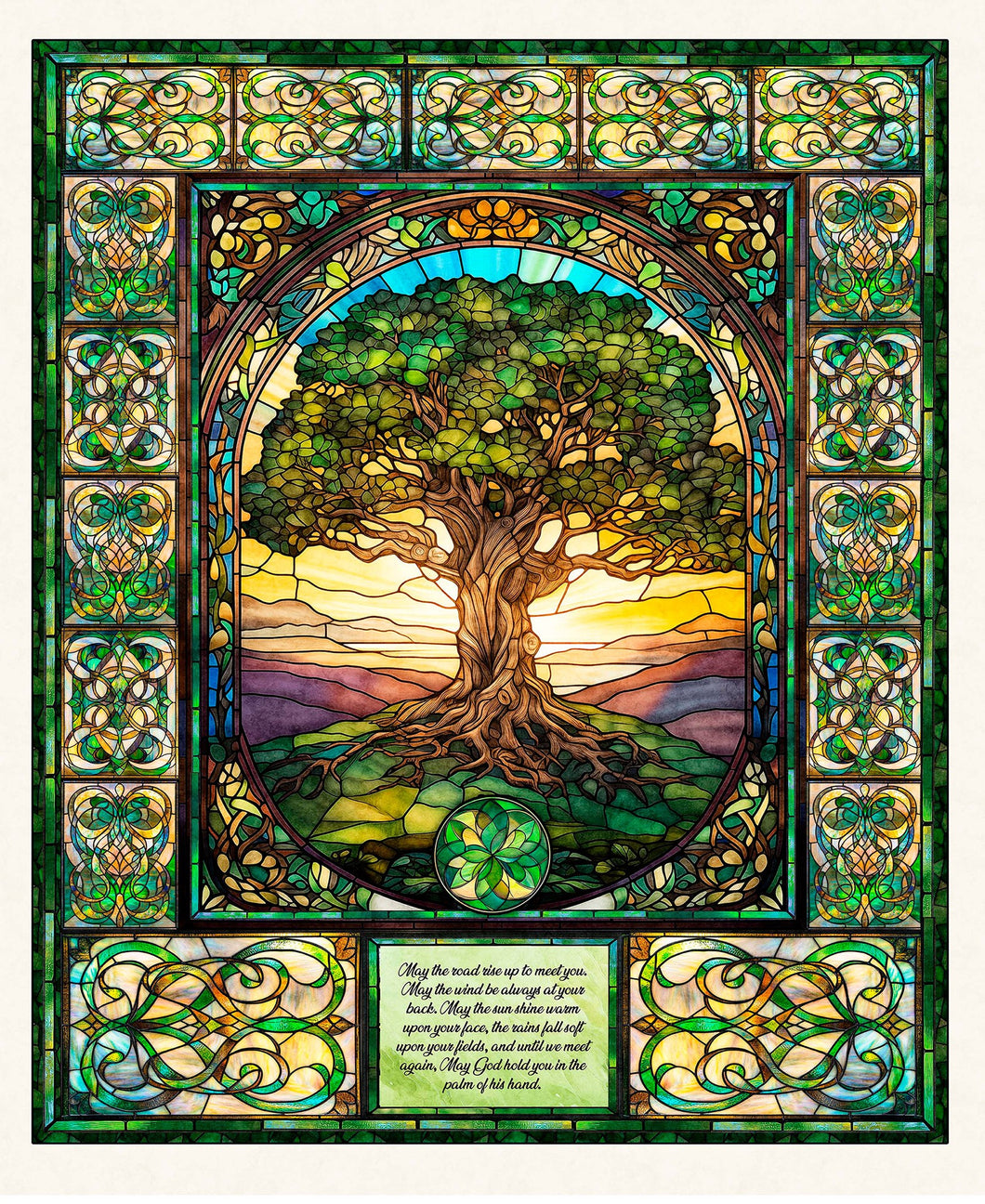 Spirit of Ireland Tree of Life Stained Glass Cotton Fabric Panel