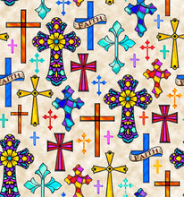 Guardian Angel Crosses Tan Cotton Fabric