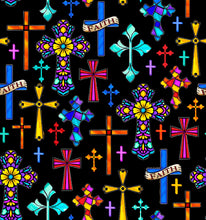 Guardian Angel Crosses Black Cotton Fabric