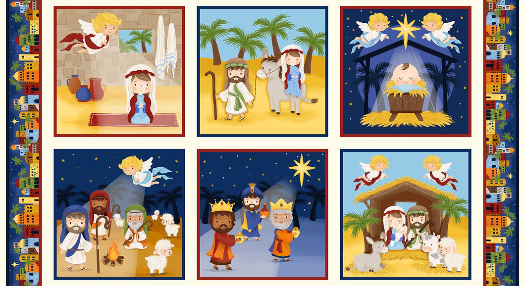 Away In A Manger Blue Nativity Blocks Cotton Fabric Panel