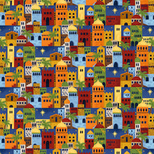 Away In A Manger Blue Allover Buildings Cotton Fabric