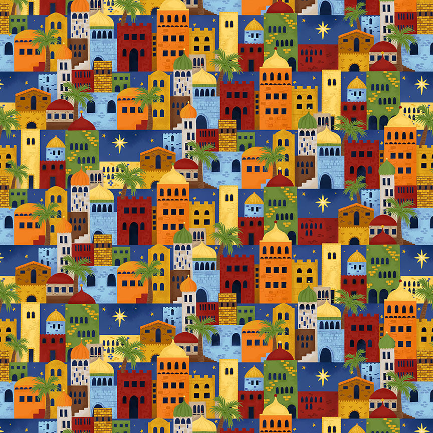 Away In A Manger Blue Allover Buildings Cotton Fabric