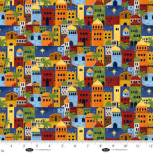 Away In A Manger Blue Allover Buildings Cotton Fabric