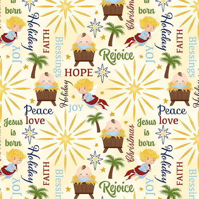 Away In A Manger Ivory Nativity Words Cotton Fabric