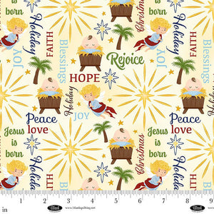 Away In A Manger Ivory Nativity Words Cotton Fabric