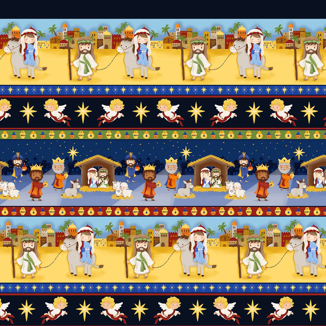 Away In A Manger Blue Nativity Stripe Cotton Fabric