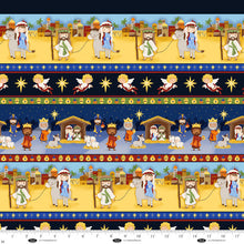 Away In A Manger Blue Nativity Stripe Cotton Fabric